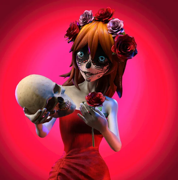 Halloween Makeup Beautiful Sugar Skull Model Skull Hand Santa Muerte — Stock Photo, Image