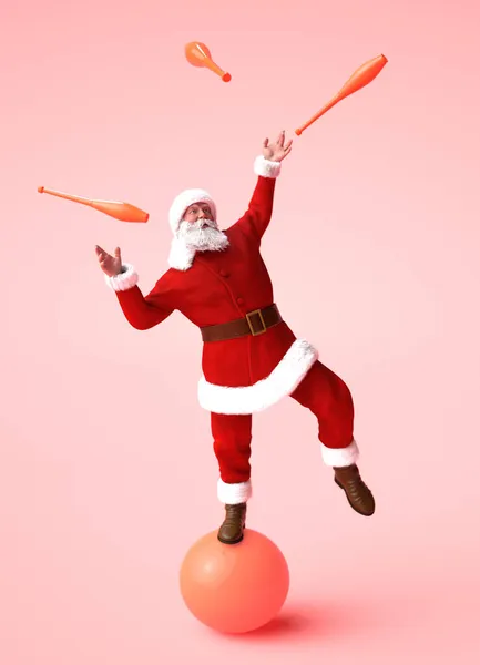 Santa Claus Balansera Boll Och Spela Med Käglor Illustration — Stockfoto