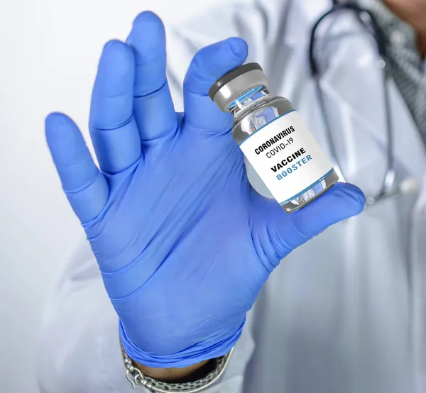 Third Booster Dose Covid Vaccine Doctor Holds Vaccine Hand — Stock Photo, Image
