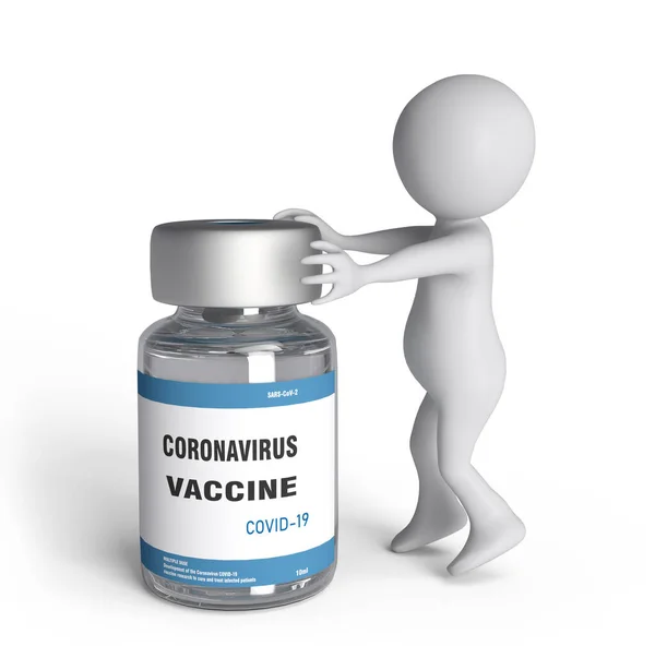 Kleiner Weißer Mann Bewegt Impfflasche Gegen Covid Virus Illustration — Stockfoto