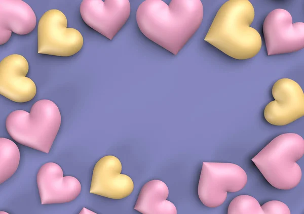 Purple Yellow Hearts Valentine Day Purple Background Rendering — Stock Photo, Image