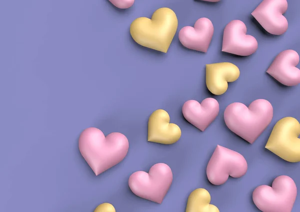 Purple and yellow hearts for Valentine\'s day and purple background. 3D rendering