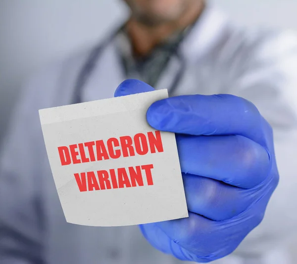 Sars Cov Coronavirus Variant Deltacron Doctor Holding Leaflet Inscription Deltacron — Stockfoto