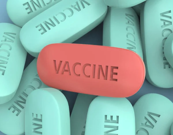 Pills Inscription Vaccine Cure Coronavirus Virus Covid Rendering — Fotografia de Stock
