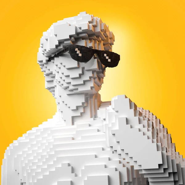 Pixelated Michelangelo David Statue Black Sunglasses Voxel Effect Rendering — Stock Photo, Image