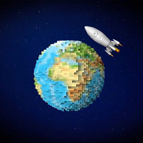 Aarde Met Raket Voxel Effect — Stockfoto