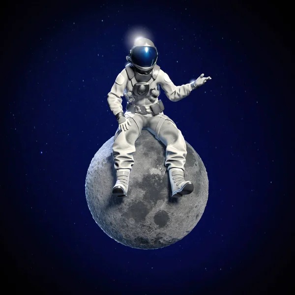 宇宙飛行士は月に座っている 3Dイラスト — ストック写真