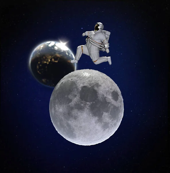 月面を走る小惑星の宇宙飛行士 3Dレンダリング — ストック写真