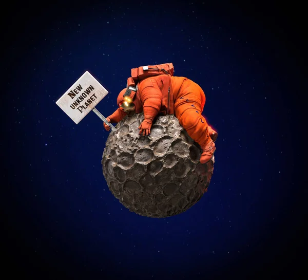Astronaut Červeném Obleku Objímá Novou Neznámou Planetu Mezigalaktického Prostoru Vykreslování — Stock fotografie