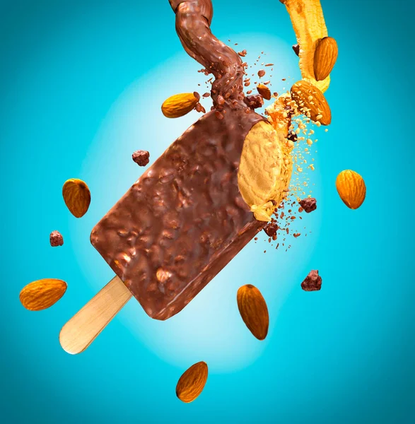 Almond Ice Cream Stick Almonds Blue Background Rendering — Stock Photo, Image