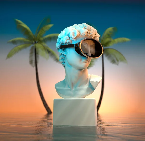 Half Length Statue David Michelangelo Sea Diving Mask Sunset Background — Stock Photo, Image