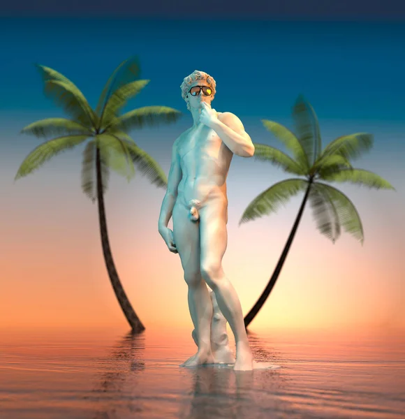 Davidstatue Von Michelangelo Mit Sonnenbrille Auf Dem Meer Hintergrund Sonnenuntergang — Stockfoto