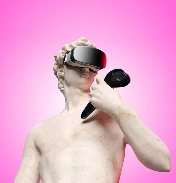 Michelangelo David Statue Using Virtual Reality Glasses Pink Background Rendering — Foto de Stock