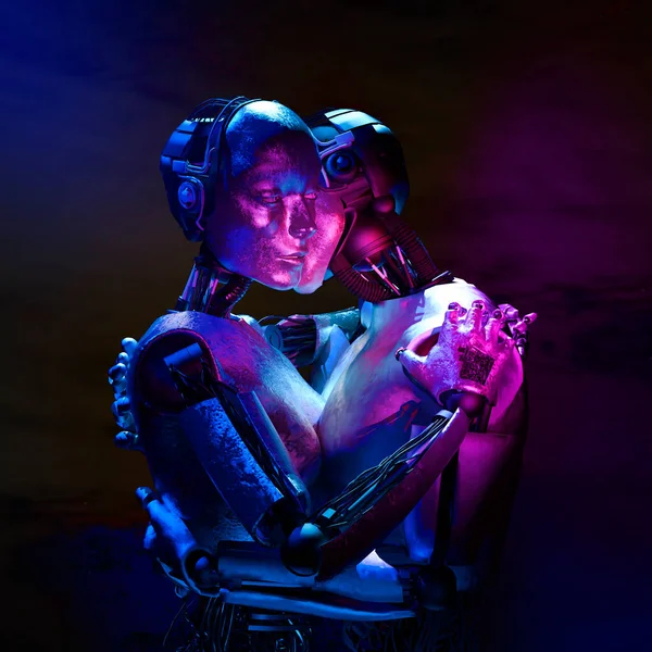 Two Hugging Robots Dark Background Rendering — Foto de Stock