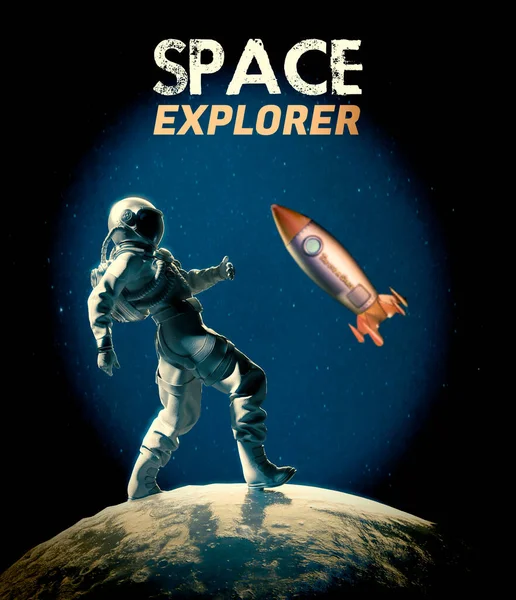 Astronauta Caminando Por Planeta Espacio Cohete Fondo Ilustración —  Fotos de Stock