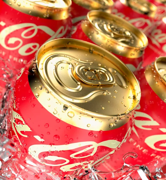 Coca Cola Flavor Cans Caffeine Splashes Water Drops — Stock Photo, Image