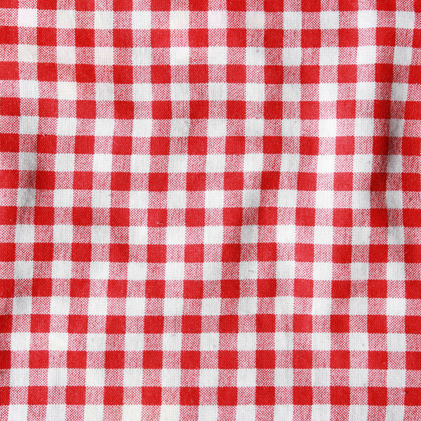 Crumple texture of a red and white checkered picnic blanket.