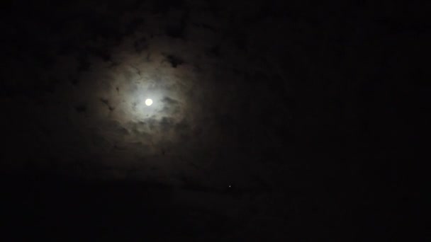 Karanlık bulutlu bir gecede dolunay. Bulutlar gerçek zamanlı olarak ayın yanından geçiyor. — Stok video