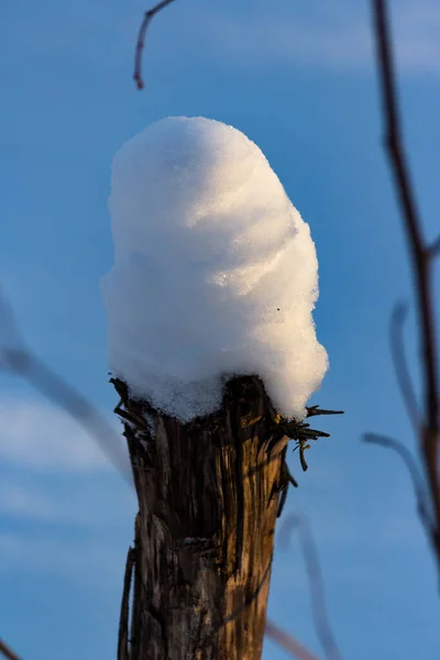 Ένα Μεγάλο Στρώμα Από Πεσμένο Χιόνι Ένα Μικρό Κούτσουρο — Φωτογραφία Αρχείου