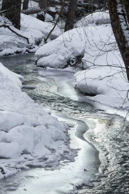 Soğuk mevsimde buzla kaplı küçük bir nehir.