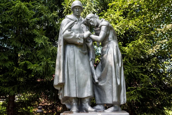 母親と一緒に兵士 1941年から1945年にかけての大祖国戦争で戦死した人々を追悼するソ連軍の記念碑 ロシア カルガ州チュコフスキー郡ヴォロビイ村 2021年7月 — ストック写真