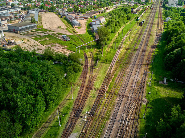 Railway tracks with a branch to the production area, aerial view