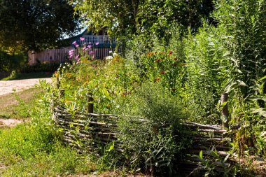 Bahçede çiçeklerle süslü hasırdan çitler