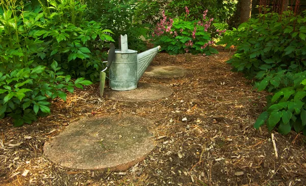 Troffel en gieter op de tuin pad — Stockfoto