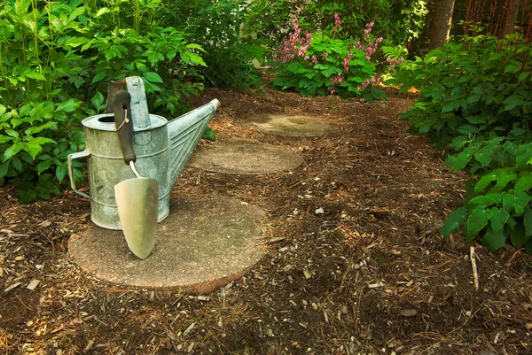 Un vecchio annaffiatoio e spatola sedersi su un sentiero giardino nel bosco — Foto Stock