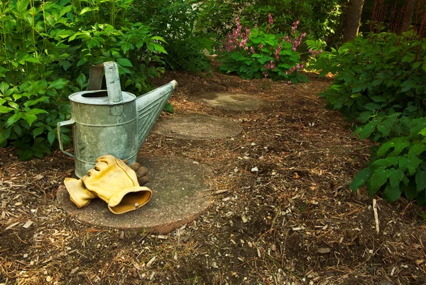 Ένα παλαιό πότισμα μπορεί και γάντια κάθονται σε μια διαδρομή στον κήπο, στο δάσος — Φωτογραφία Αρχείου