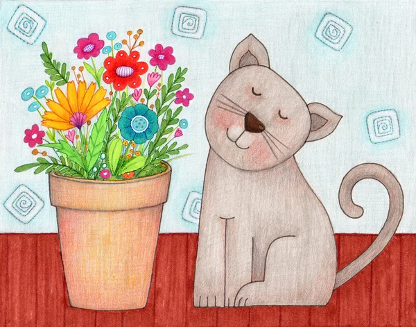 Katt och blommor — Stockfoto