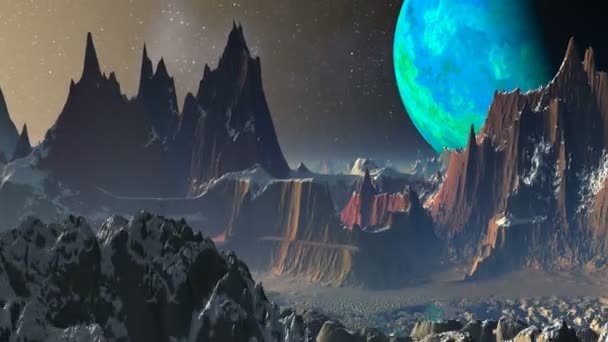 The green moon against a fantastic landscape. — Stock Video