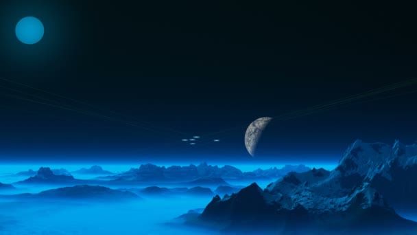 Ufo am Himmel eines blauen Planeten. — Stockvideo