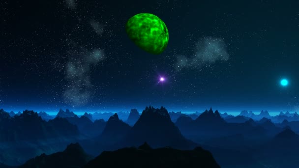 Yeşil gezegen ve fantastik bir gezegenin gökyüzünde ufo — Stok video
