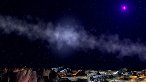 Stella cadente (UFO) contro una nebbia e un paesaggio fantastico — Video Stock