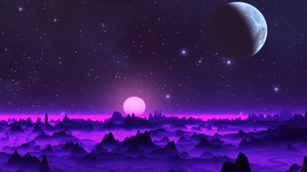 Две луны в небе фантастической планеты — стоковое видео