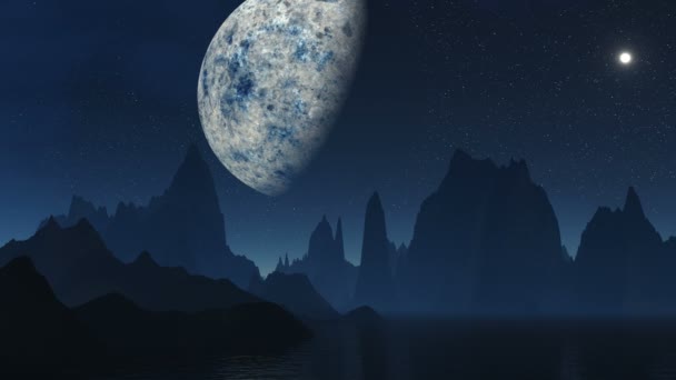 La lune fantastique contre les montagnes 