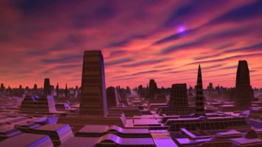 Dawn and UFO over the city of aliens