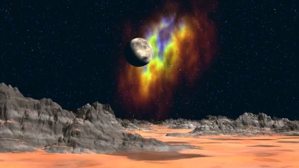 Planeta e nebulosa no fundo da paisagem fantástica — Vídeo de Stock