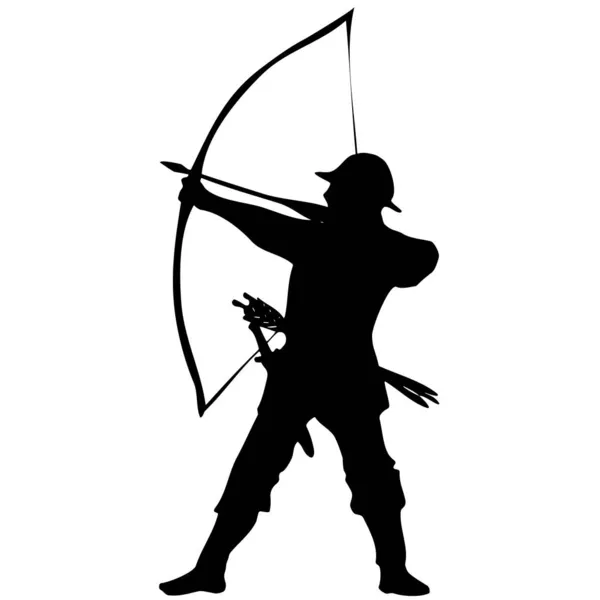 弓箭手和弓箭的黑色轮廓 一个拿着武器的中世纪战士正在打仗 英国传说中的罗宾汉 — 图库照片#