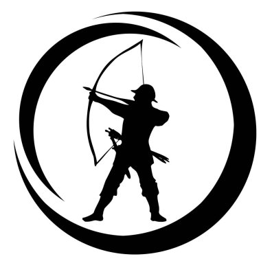 Kılıç, yay ve mızraklı ortaçağ savaşçısının madalyası ya da damgası. Düşmana saldıran bir suikastçının silueti.