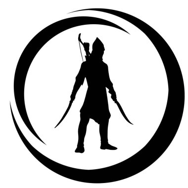 Kılıç, yay ve mızraklı ortaçağ savaşçısının madalyası ya da damgası. Düşmana saldıran bir suikastçının silueti.