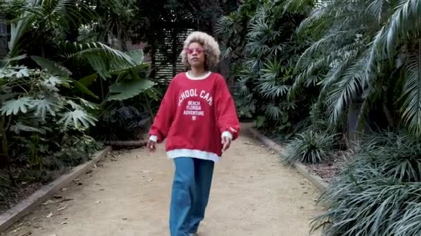 Mulher afro confiante caminhando em direção à câmera em um jardim natural. — Vídeo de Stock