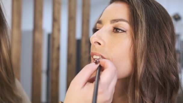 Vista de cerca de una maquilladora profesional aplicando lápiz labial con un pincel a su cliente. — Vídeos de Stock