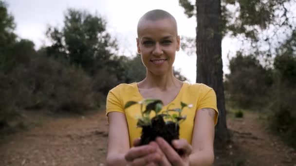 Жінка тримає і показує камеру проростання молодого дерева, стоячи на відкритому повітрі в природі . — стокове відео