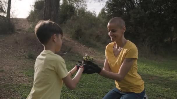 Young girl giving a young tree to her mother while planting a tree together in nature. — Vídeo de Stock