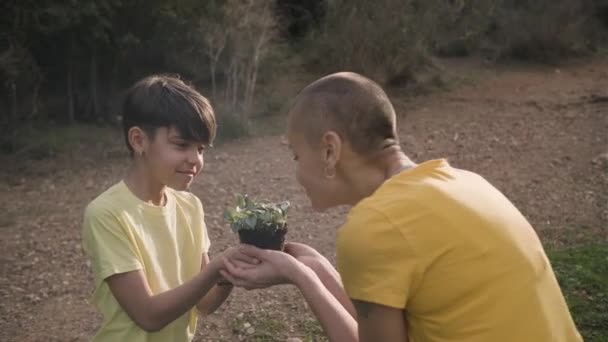 Niña y su madre sosteniendo y oliendo una planta joven mientras se preparan para plantarla en la naturaleza. — Vídeo de stock