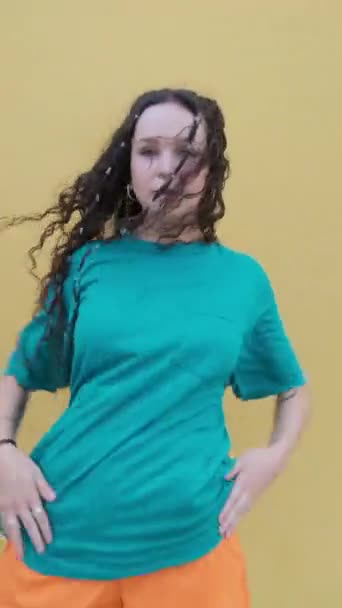 Energetic Young Woman Looking Camera While Dancing Hip Hop Outdoors — Video Stock