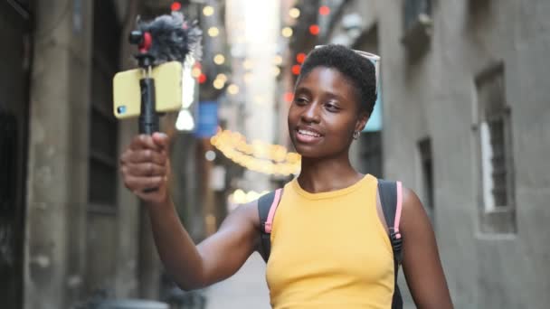 Young Woman Using Smartphone While Creating Content Her Social Networks — Video