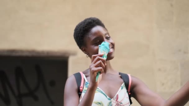 Happy Woman Smiling Taking Selfies Smartphone While Enjoying Eating Ice — Wideo stockowe